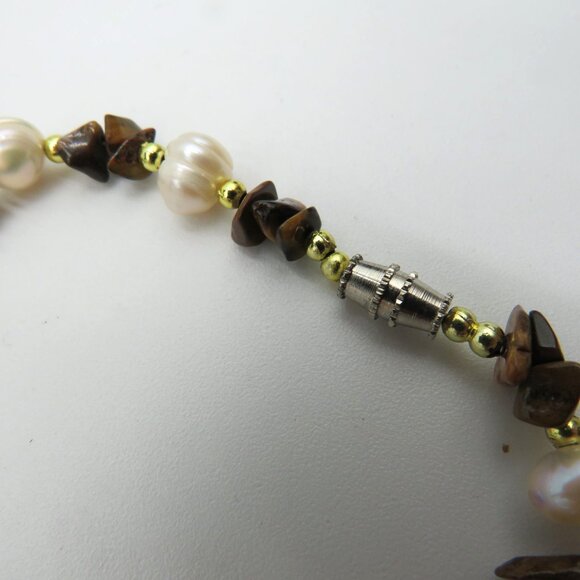 Fresh Water Pearl & Tiger Eye 10.5" Anklet Gold Tone Spacer Beads & Clasp - Picture 6 of 6